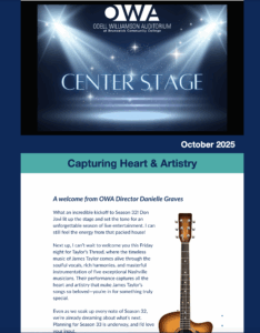Cover image of the Otober issue of Center Stage newseltter featuring text and an image of an acoustic guitar